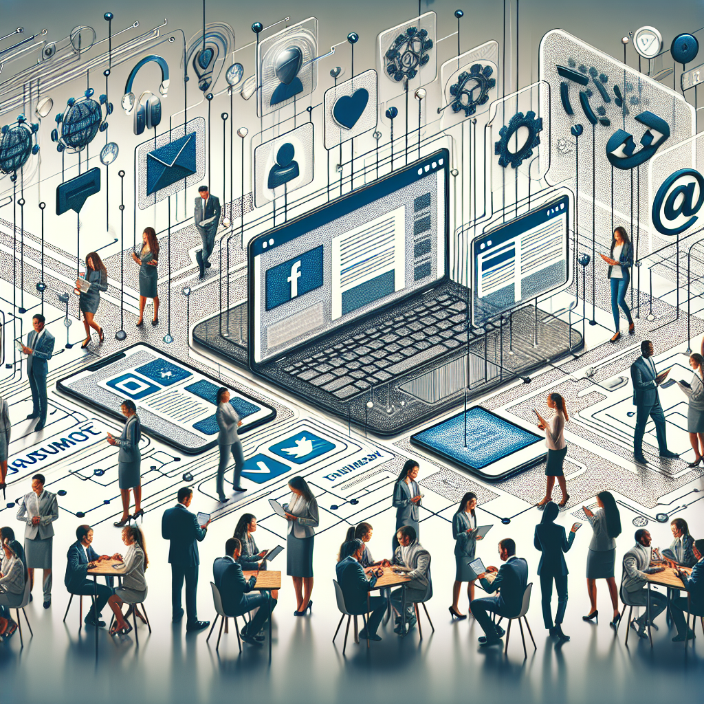 Generate an image illustrating a bustling digital landscape symbolizing a strong online presence for a staffing agency. Include elements like a vibrant website, social media icons interconnected by dynamic lines, and a diverse group of professionals engaging with content on various digital devices. Use a modern and sleek design aesthetic.