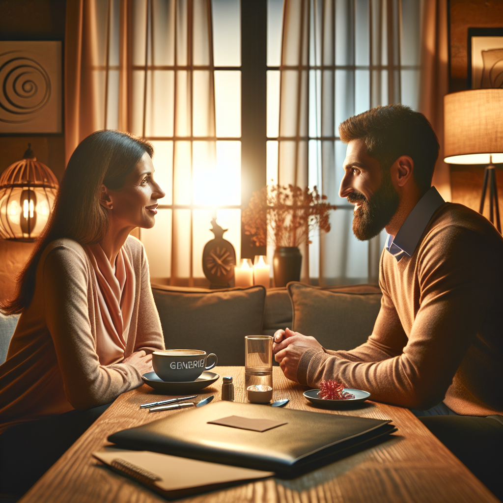 Generate an image depicting a personal approach to candidate engagement at a staffing agency. Show a recruiter having a one-on-one conversation with a candidate over coffee in a cozy setting, with warm lighting and personalized touches such as a named coffee cup and a personalized portfolio on the table. Capture the essence of personalized interaction and attention.