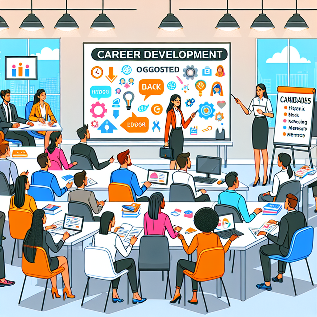 Generate an image of a career development workshop organized by a staffing agency. Visualize a seminar room filled with diverse candidates participating in skills training, networking, and mentorship activities, with a facilitator guiding the session. Use bright, motivational colors and elements like projectors, flip charts, and professional development resources.