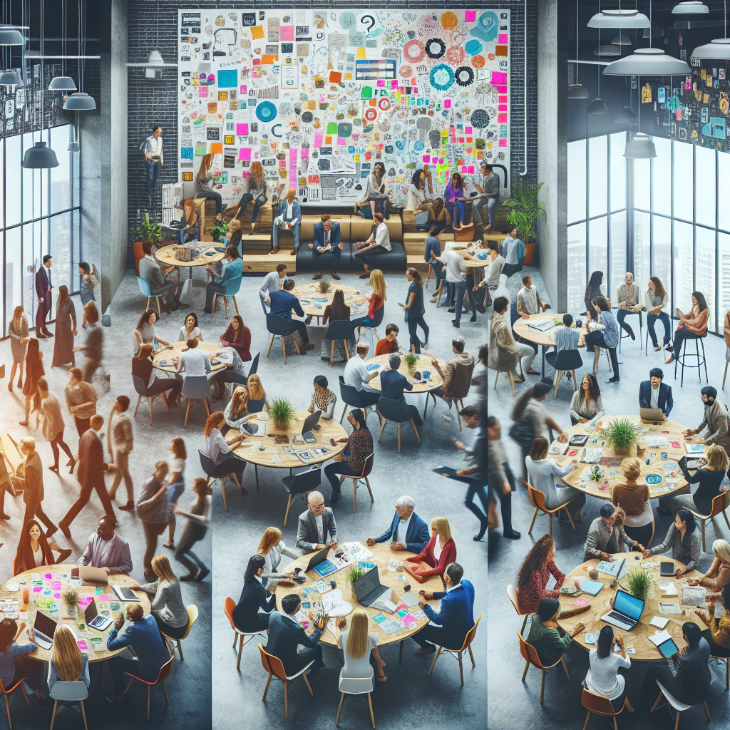 Generate an image of a thriving community of candidates and recruiters engaged in a collaborative environment. Include group discussions, brainstorming sessions with sticky notes on the wall, and digital tech like tablets for sharing ideas. Highlight the spirit of community, innovation, and mutual growth, using a friendly, inclusive atmosphere.