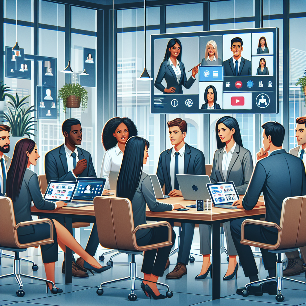 Generate an image illustrating a busy office environment where a hiring manager is engaging in transparent communication with a diverse group of candidates, conveying a sense of openness and collaboration. The style should be realistic with a corporate atmosphere, showing various communication tools like video calls and chat applications in use, emphasizing the modern recruitment landscape.