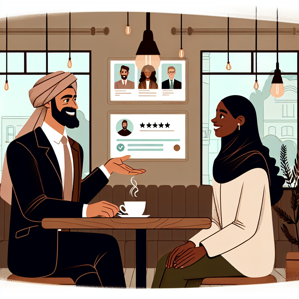 Generate an image depicting a close-up interaction between a recruiter and a candidate in a coffee shop setting, highlighting a personalized and friendly communication approach. This should be in a warm, inviting illustration style, focusing on body language and the emotional connection between the two individuals within a casual setting.