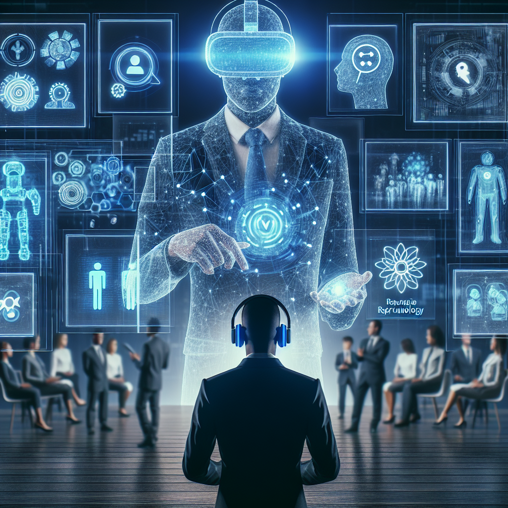 Generate an image showcasing futuristic recruitment technology, such as AI-driven applications and virtual reality tools, in a sleek and modern digital art style. The scene should focus on how these innovations enhance the candidate experience with cutting-edge visuals, depicting a seamless blend of human interaction and technology.