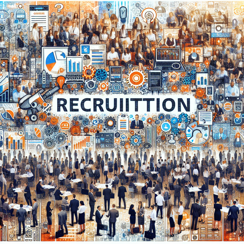 Generate an image of a recruitment event in a dynamic and energetic collage style, capturing various aspects of effective communication, such as workshops, networking sessions, and one-on-one meetings. The composition should reflect a vibrant atmosphere where candidates and employers connect through various interactive and innovative communication channels.