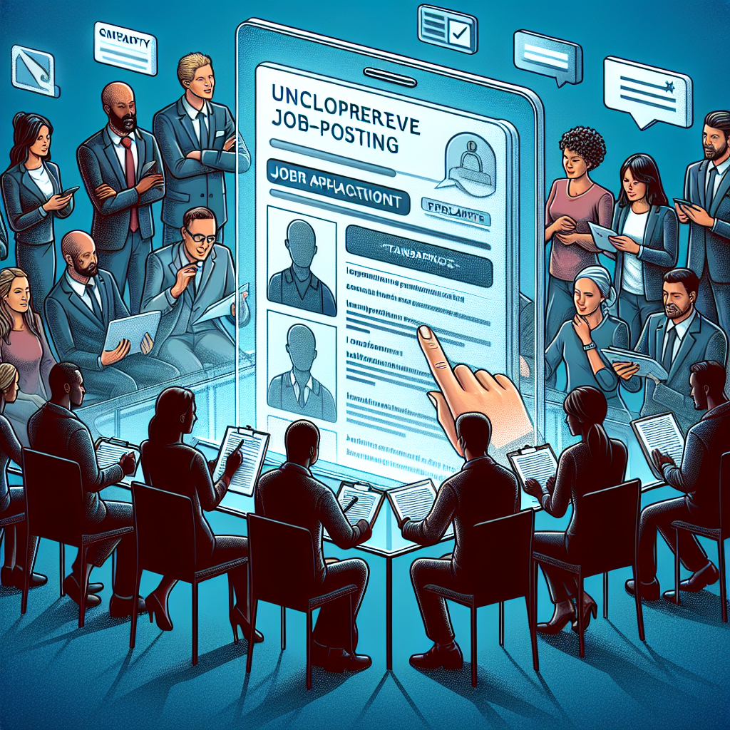Generate an image illustrating a diverse group of job seekers of various ages and backgrounds engaging with a highly transparent and detailed job description on a digital platform, symbolizing accessibility and clarity in the job application process.