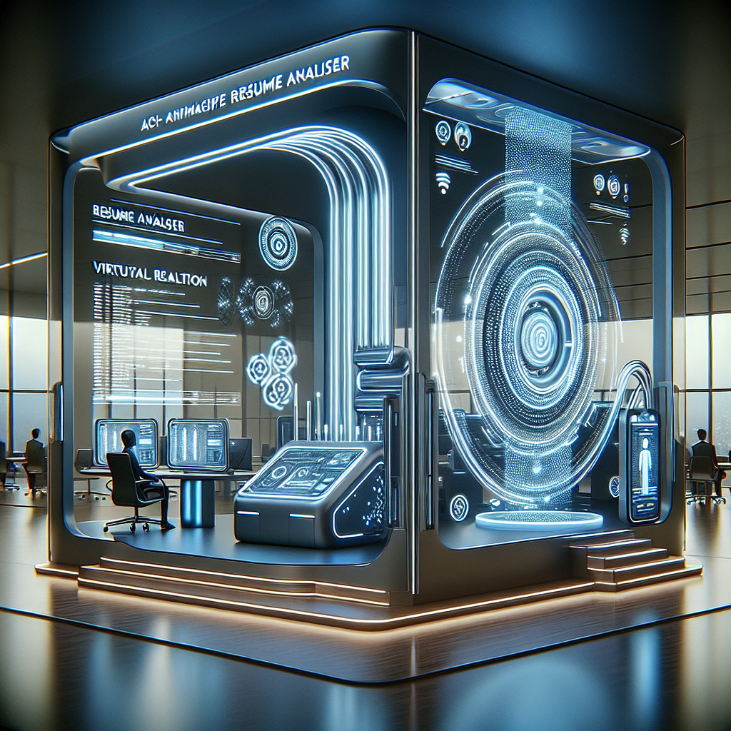 Generate an image of a futuristic office environment where advanced technological tools like AI-driven resume analyzers and virtual reality interview rooms create an efficient and candidate-friendly hiring process.