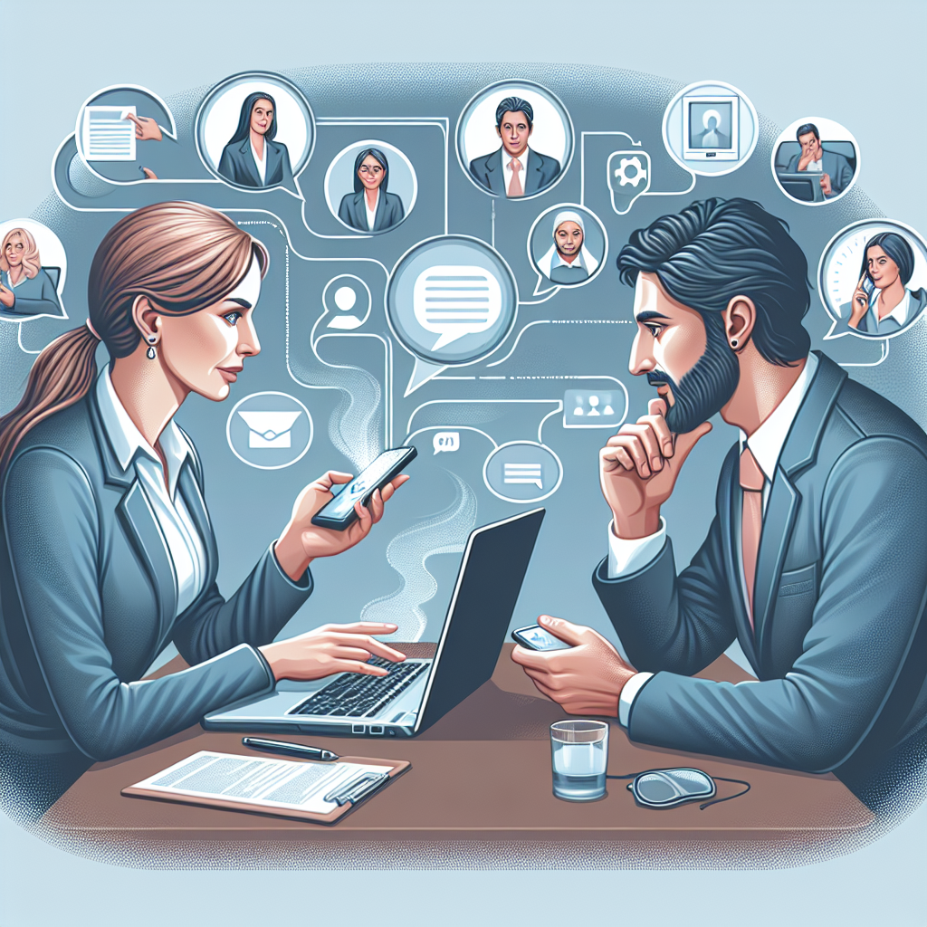 Generate an image showing a seamless communication flow between a recruiter and a job candidate, using various devices like smartphones and laptops, emphasizing clear and transparent interactions in the job application process.