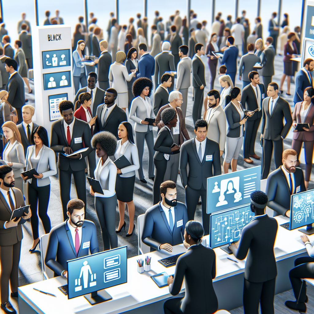 Generate an image of a friendly and welcoming job fair with booths representing different companies, where diverse candidates are interacting with innovative recruitment technologies, illustrating an accessible and simplified job-seeking experience.