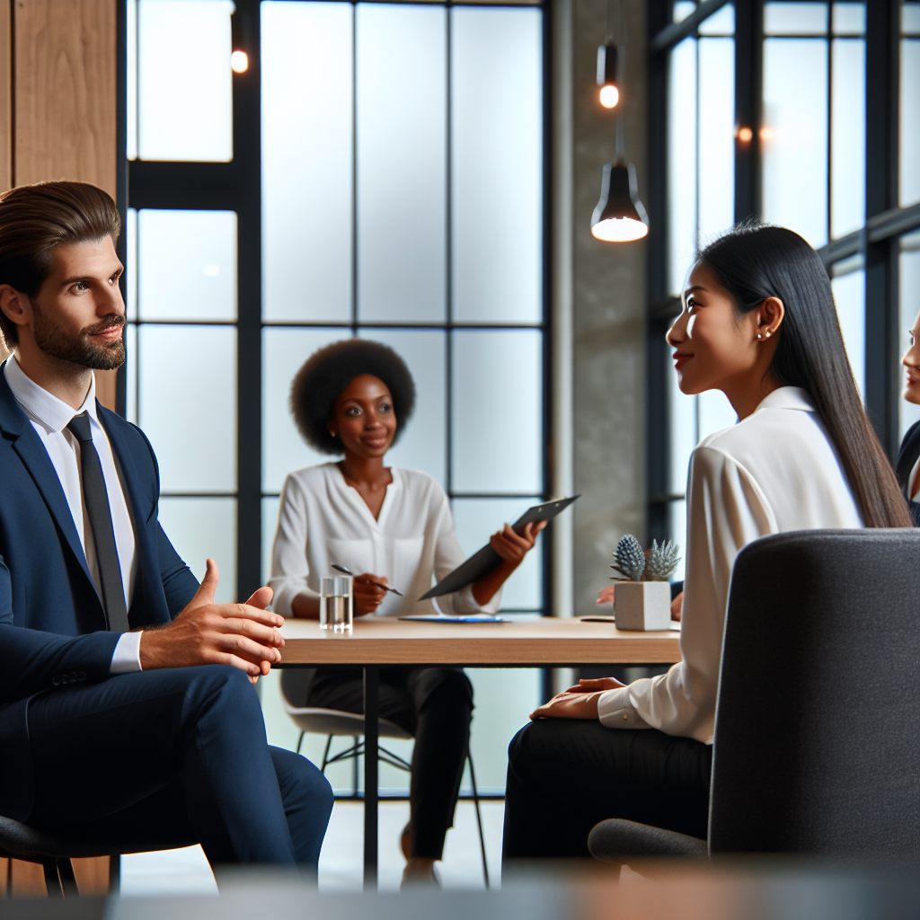 Generate an image depicting a diverse group of professionals engaged in a transparent and respectful job interview process, symbolizing efficient communication and mutual respect. The setting should be a modern office with diverse faces showing confidence and satisfaction.