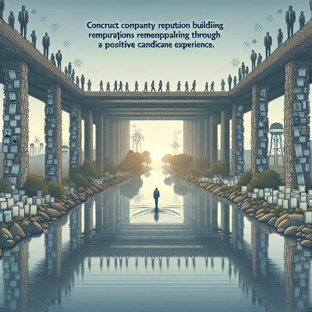 Generate an image showing a conceptual representation of a company reputation building through a positive candidate experience. Use visual metaphors like a bridge made of resumes connecting talent to organizations, underscored by themes of transparency and respect.