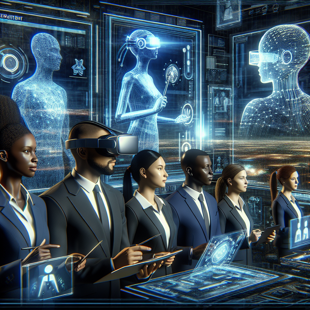 Generate an image of a futuristic recruitment process where technology and human interaction blend seamlessly to provide an outstanding candidate experience. Include elements like virtual reality, holographic displays, and diverse candidates, highlighting innovation and inclusivity.