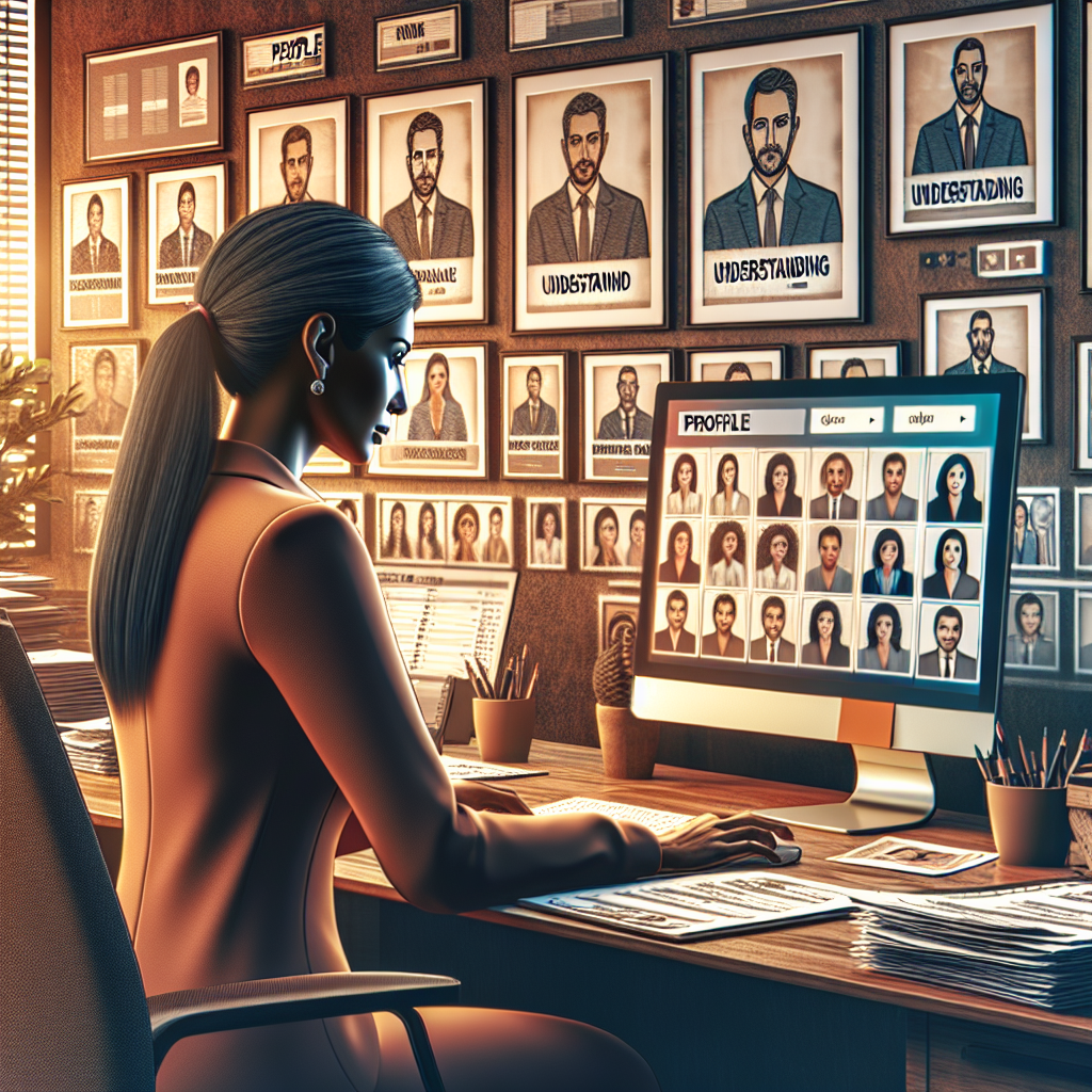 Generate an image of a human resources professional sitting at a desk with profile sheets and computer screens displaying potential candidates' profiles. The room is filled with warm colors and motivational posters about understanding people. The ambiance should reflect a strategic and personalized approach to recruitment.
