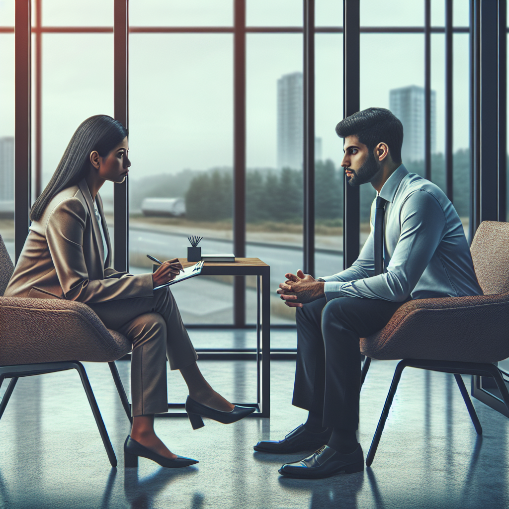 Generate an image of a conversation between a recruiter and a job candidate taking place in a modern office with large windows. They are seated on comfortable chairs, with the recruiter actively listening and taking notes, emphasizing personalized communication in recruitment.