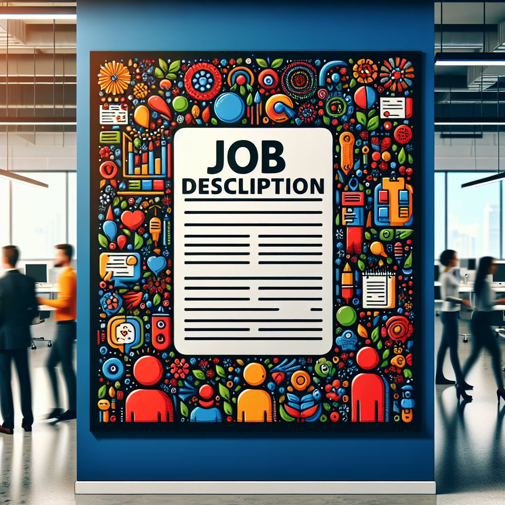 Generate an image showcasing an attractive job description on a vibrant bulletin board in a busy workspace. The job description is creative and stands out with colorful graphics and symbols related to teamwork and collaboration, capturing the essence of writing appealing job descriptions.