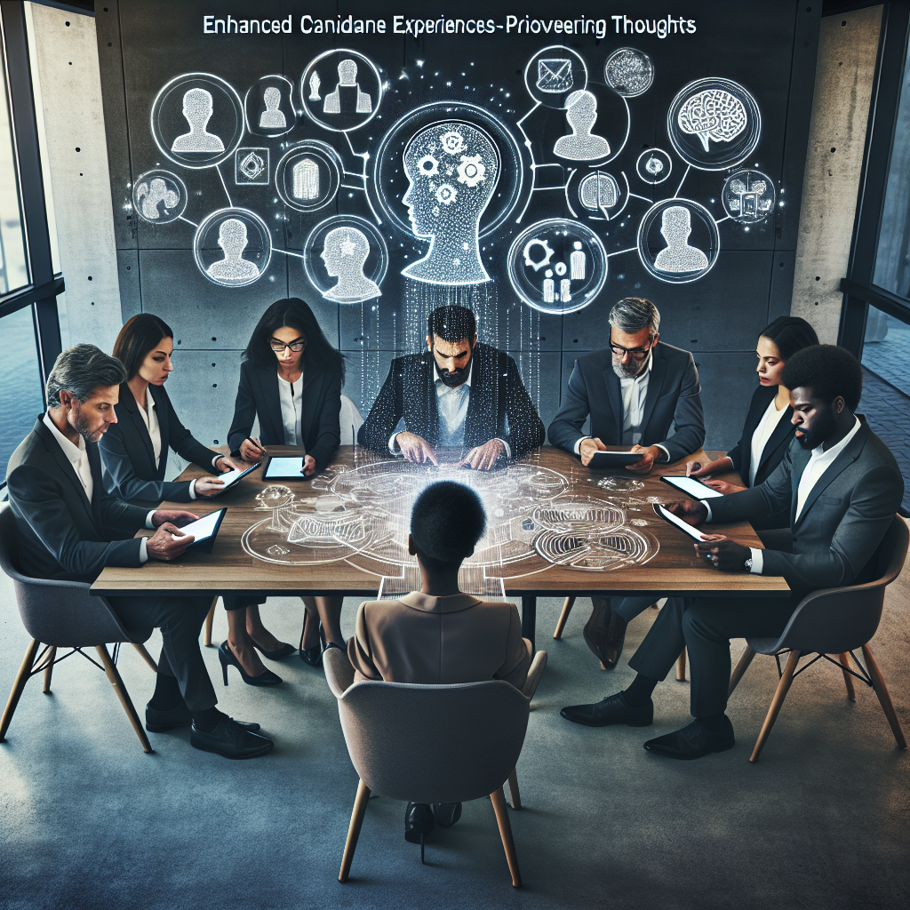 Generate an image of a diverse team of recruiters and candidates sitting around a modern conference table, sharing feedback using digital tablets and notepads, with thought bubbles representing improved candidate experiences and innovative ideas floating above their heads. The atmosphere is collaborative and futuristic.