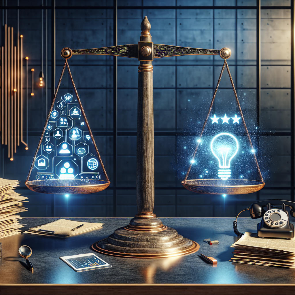 Generate an image of a metaphorical scale balancing traditional recruitment processes on one side and digital feedback tools on the other. The scene is set in a high-tech office environment, with abstract visuals of candidate experience and brand enhancement, where feedback visibly tips the scale towards innovation.