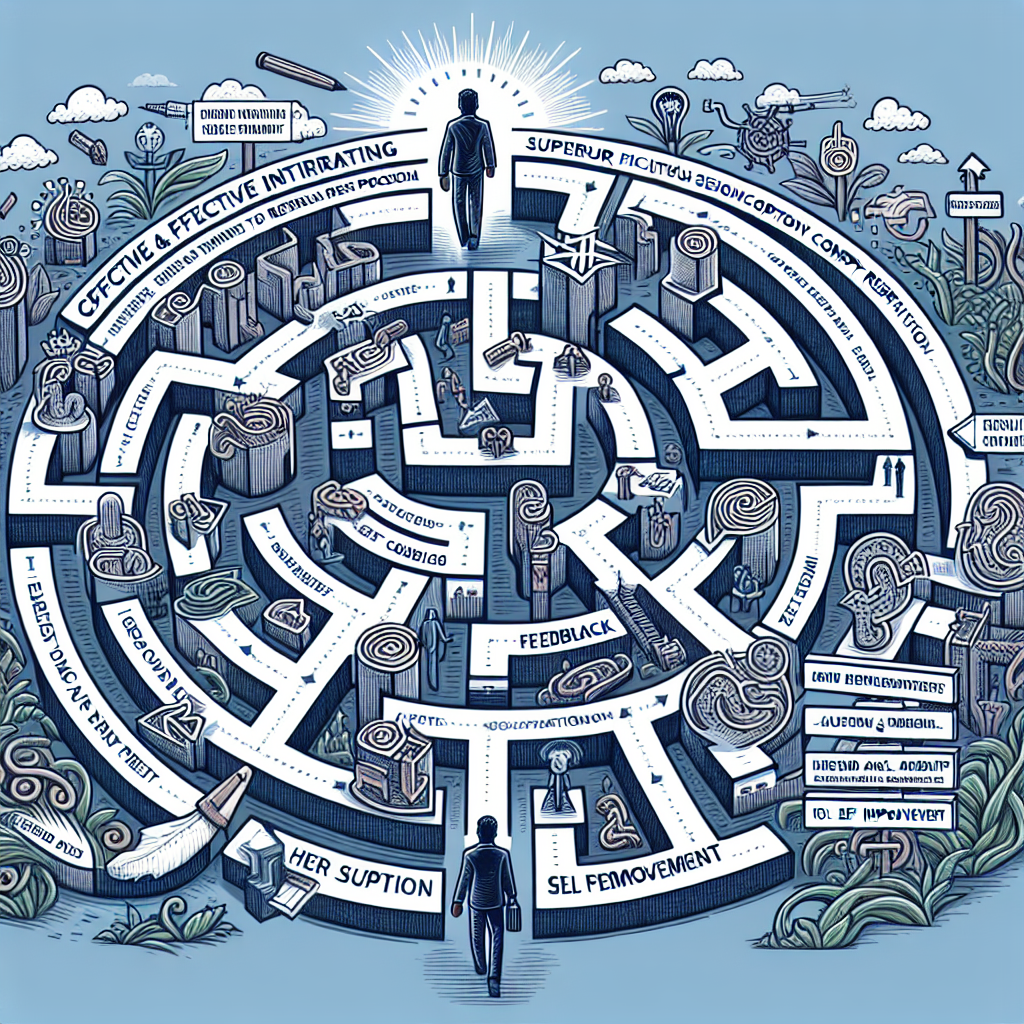 Generate an image of a vibrant and engaging poster illustrating the journey of a candidate through a recruitment process maze, where every turn and pathway is filled with icons and symbols of feedback, representing the optimization of the hiring process and enhanced brand perception.