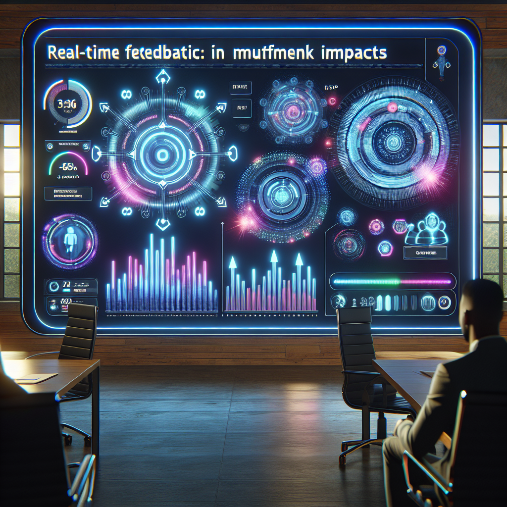 Generate an image of a futuristic recruitment dashboard on a large screen in a digital workshop, with animated graphs and charts showing real-time feedback impacts. The image reflects how feedback leads to better matches and drives ongoing improvements, with vibrant colors and dynamic composition.