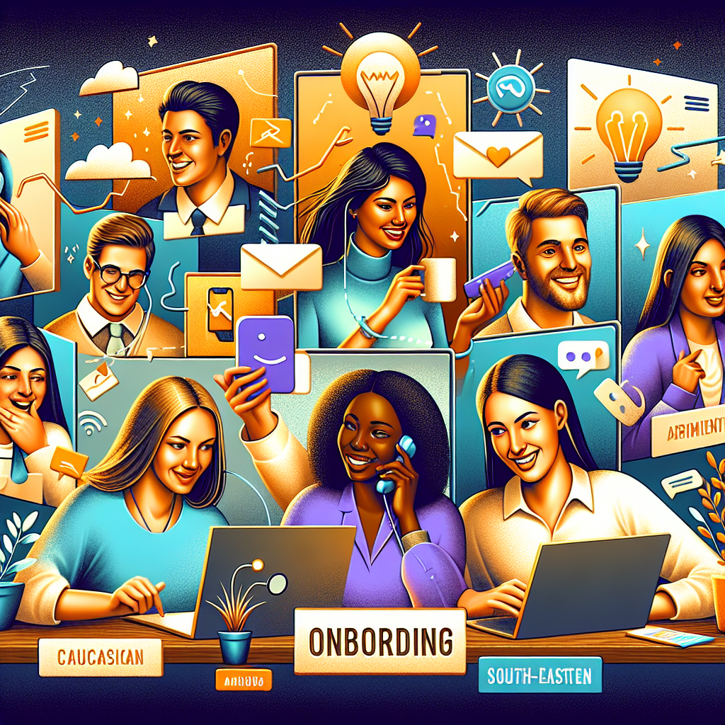 Generate an image that illustrates early communication strategies in onboarding, featuring a diverse group of new employees receiving welcome messages through various digital platforms like emails, video calls, and instant messaging. The scene should be vibrant and dynamic, showcasing a mix of happy and curious expressions as the new hires engage with the communication tools.