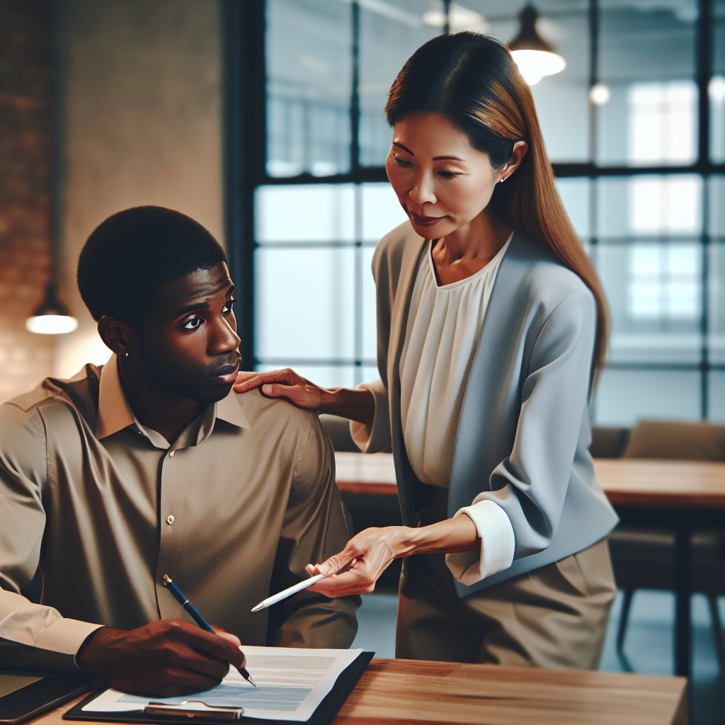 Generate an image showcasing personalized guidance during onboarding, depicting a mentor and a new employee in a cozy office setting. The mentor is attentively guiding the new hire through tasks, with a focus on building a positive and supportive relationship. The atmosphere should be warm and inviting, emphasizing personal attention and care.