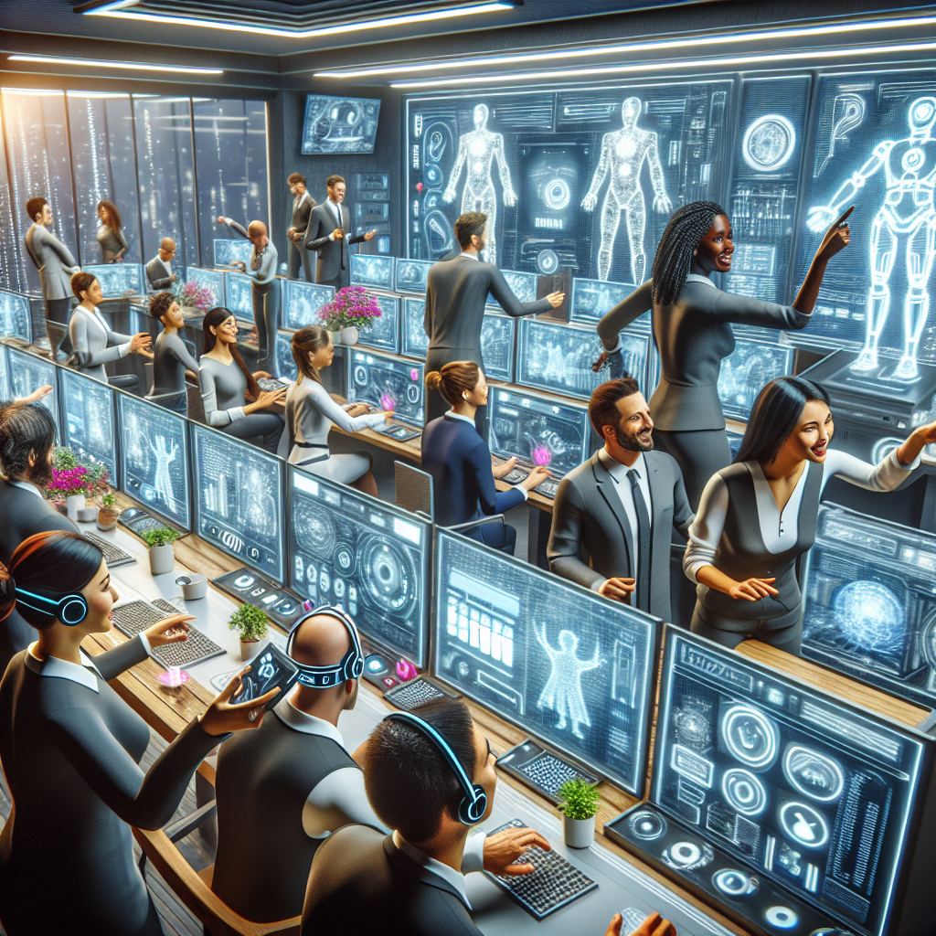 Generate an image that represents technological support in onboarding, featuring an innovative workspace filled with gadgets like AI assistants, VR headsets, and smartboards. New employees are exploring these technologies with excitement, guided by a tech specialist. The image should convey a futuristic and enthusiastic environment conducive to growth and discovery.