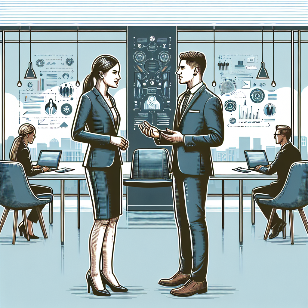 Generate an image showing a professional setting in an employment agency where a recruiter is engaging in meaningful conversation with a candidate. The setting should have a modern office look with branding elements of the agency visible. The focus should be on eye contact and body language indicating good communication.