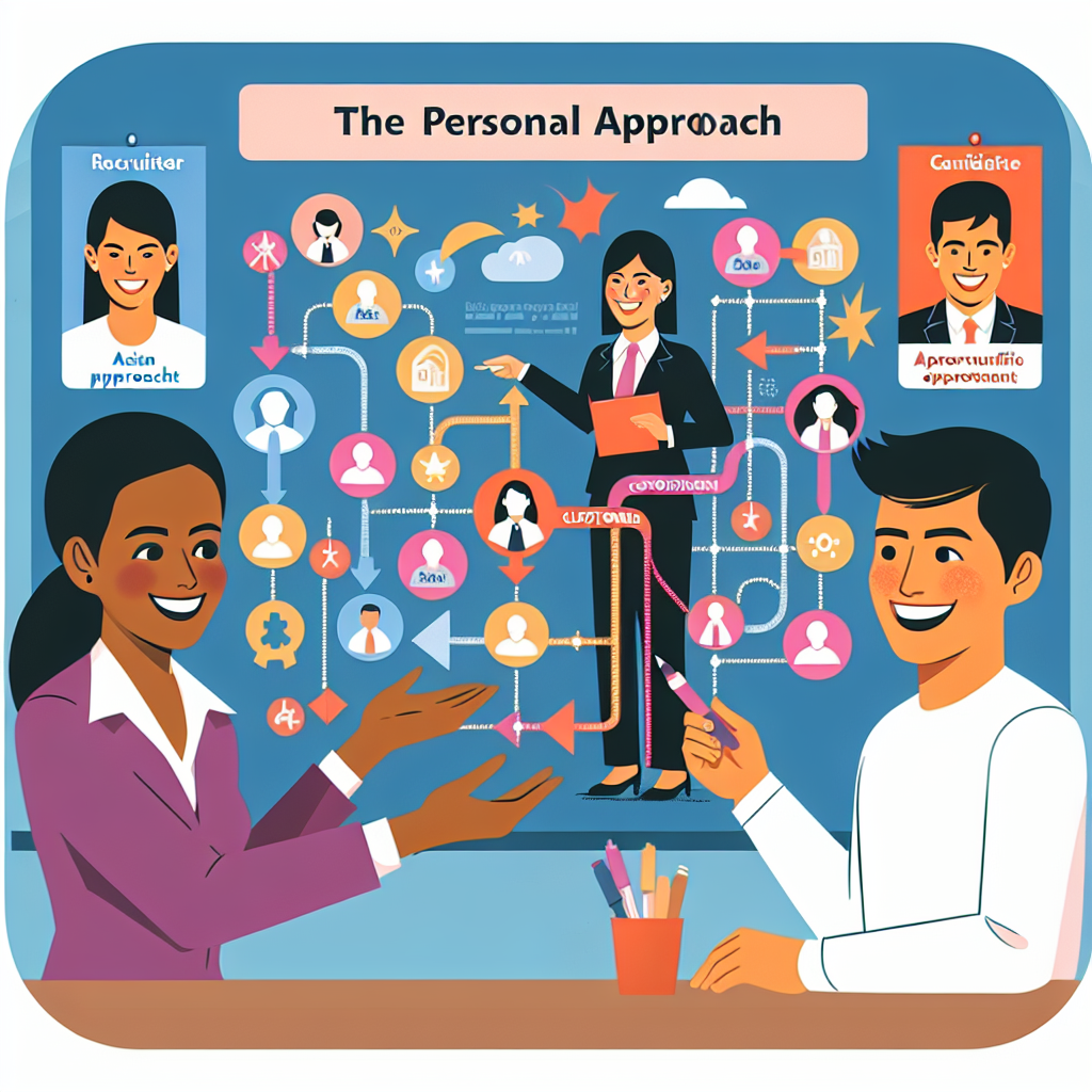 Generate an image illustrating a personal approach in a recruitment scenario. Show a recruiter customizing a career path for a candidate on a board, with icons and symbols representing various career development opportunities. The candidate should look optimistic and engaged. The style should be infographic-like with vibrant colors.