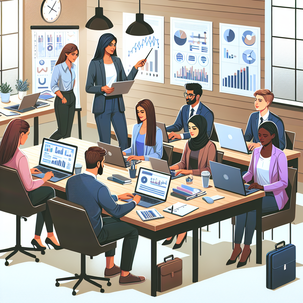 Generate an image displaying a group of candidates in a workshop or training session focused on career development. The atmosphere should be lively, with a trainer interacting directly with the candidates. Include elements like charts and laptops to indicate learning and development. Use a realistic art style to convey professionalism and engagement.