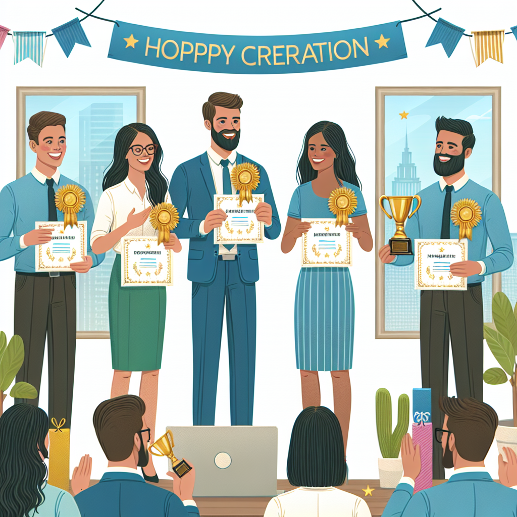 Generate an image depicting a recognition event at an employment agency, where candidates are being awarded for their performance and loyalty. Show a diverse group of people receiving certificates and trophies. Use a celebratory color scheme and include banners and balloons to emphasize the festive atmosphere.