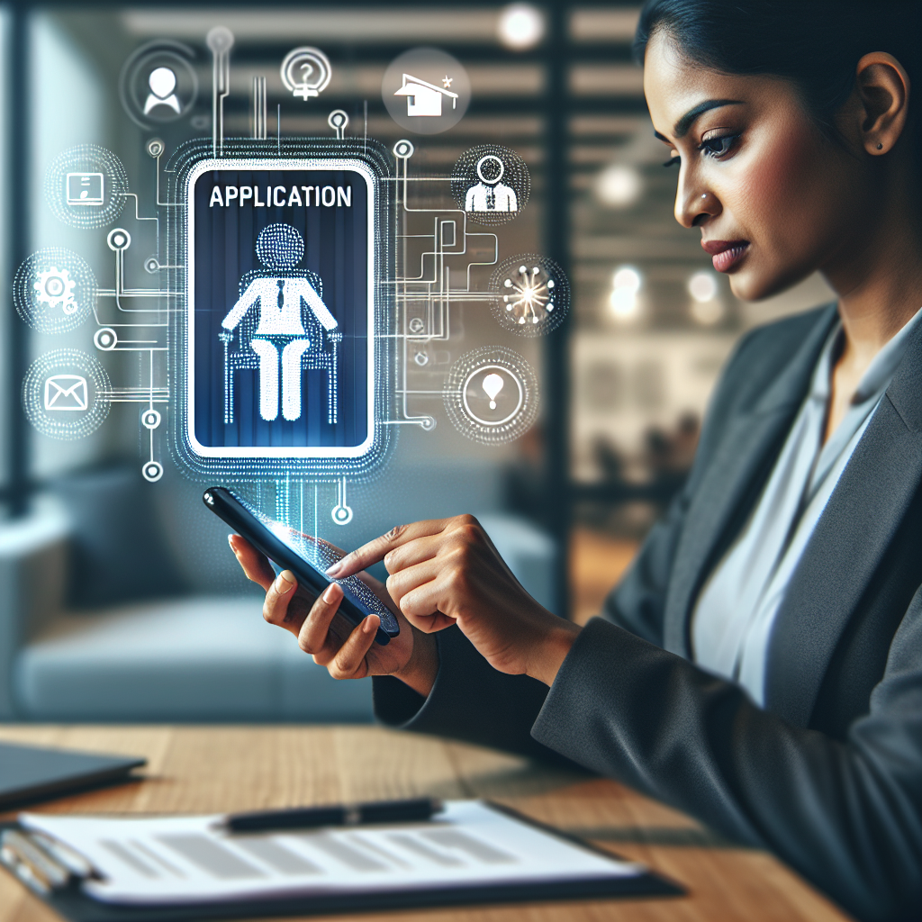 an image of a business person using a mobile phone to apply for a job, with the application form visible on the phone screen, surrounded by icons symbolizing user-friendly design and technology, in a modern and sleek design style