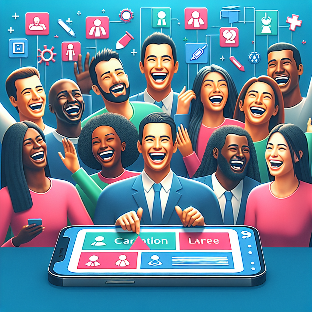 an image of a diverse group of candidates happily interacting with a mobile-optimized career website, showcasing a responsive and clean design layout, with vibrant colors and engaging visuals