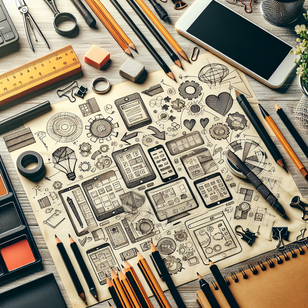 an image of a creative workspace with sketches and design tools scattered around, depicting the conceptual process of designing a simplified and user-friendly mobile application for job seekers, in a hand-drawn and artistic style