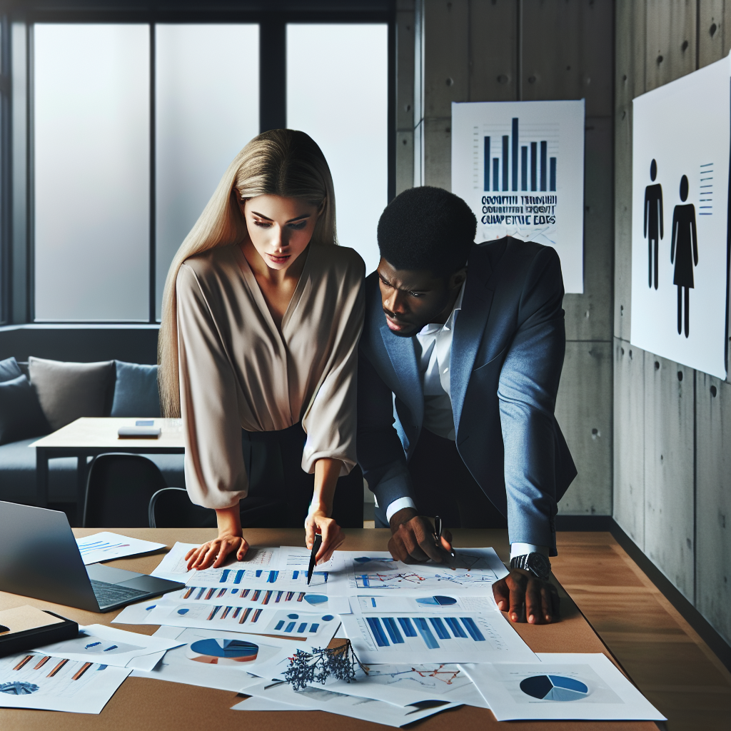 Generate an image depicting a business strategist carefully analyzing graphs and charts on a desk filled with documents and a laptop, representing a detailed competitive analysis. The setting is a modern office with motivational posters on the walls, showcasing the theme of recruitment company growth through analysis.