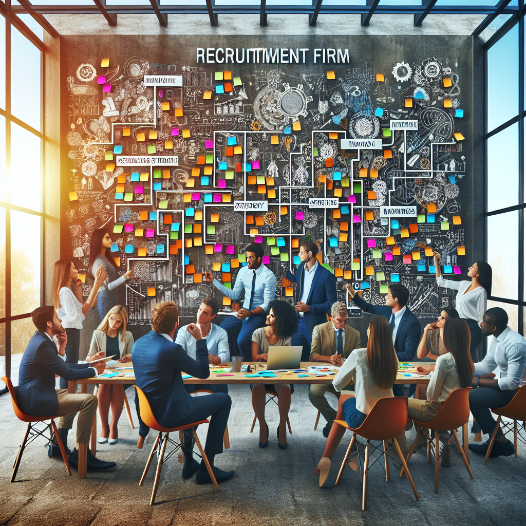 Generate an image of a diverse team in a brainstorming session, with a wall full of sticky notes and strategy drawings behind them, symbolizing the identification of improvement areas within a recruitment firm. The atmosphere is dynamic and innovative, illustrating teamwork and creativity.