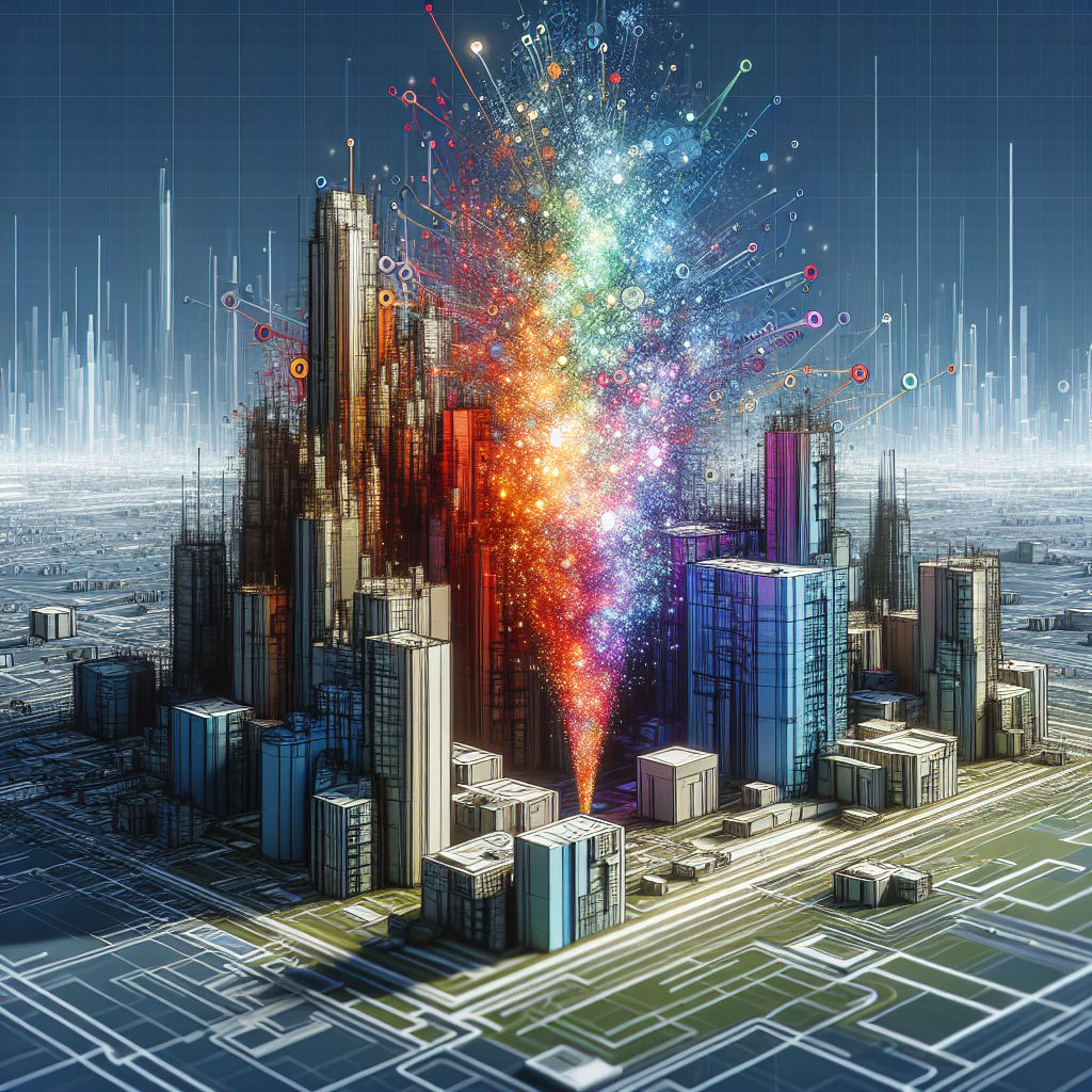 Generate an image of a futuristic city skyline where one prominent building labeled 'Your Company' stands out uniquely among others. This symbolizes attaining a unique market position through ongoing innovation in the recruitment industry, with vibrant colors to reflect success and ambition.