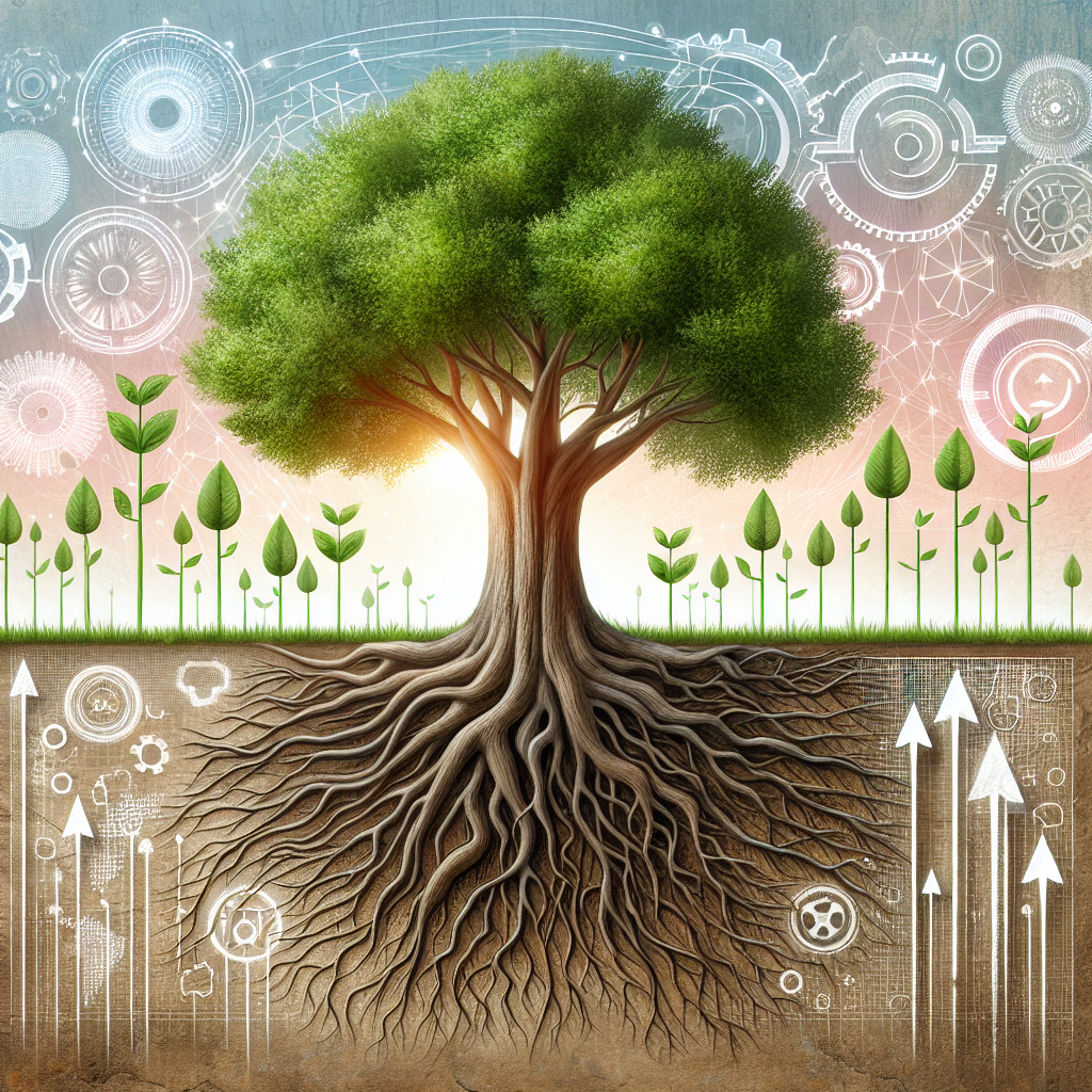 Generate an image of a tree with deep roots and flourishing branches full of leaves, symbolizing sustainable success and strong foundations in a recruitment business. The background includes elements of growth such as gears and arrows pointing upwards, combining natural and industrial themes.