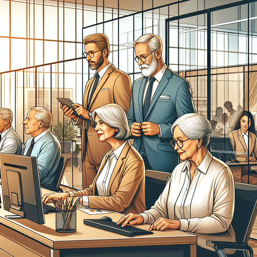 Generate an image depicting the impact of aging on recruitment. Show a diverse group of older professionals in a modern office setting, emphasizing their experience and wisdom. Use warm colors to highlight the value of age diversity in the workplace.
