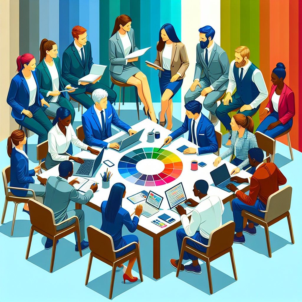 Generate an image showcasing diversity in recruitment. Illustrate a vibrant collage of professionals from different ethnic backgrounds and genders working together harmoniously. Use bright, contrasting colors to symbolize unity and collaboration.