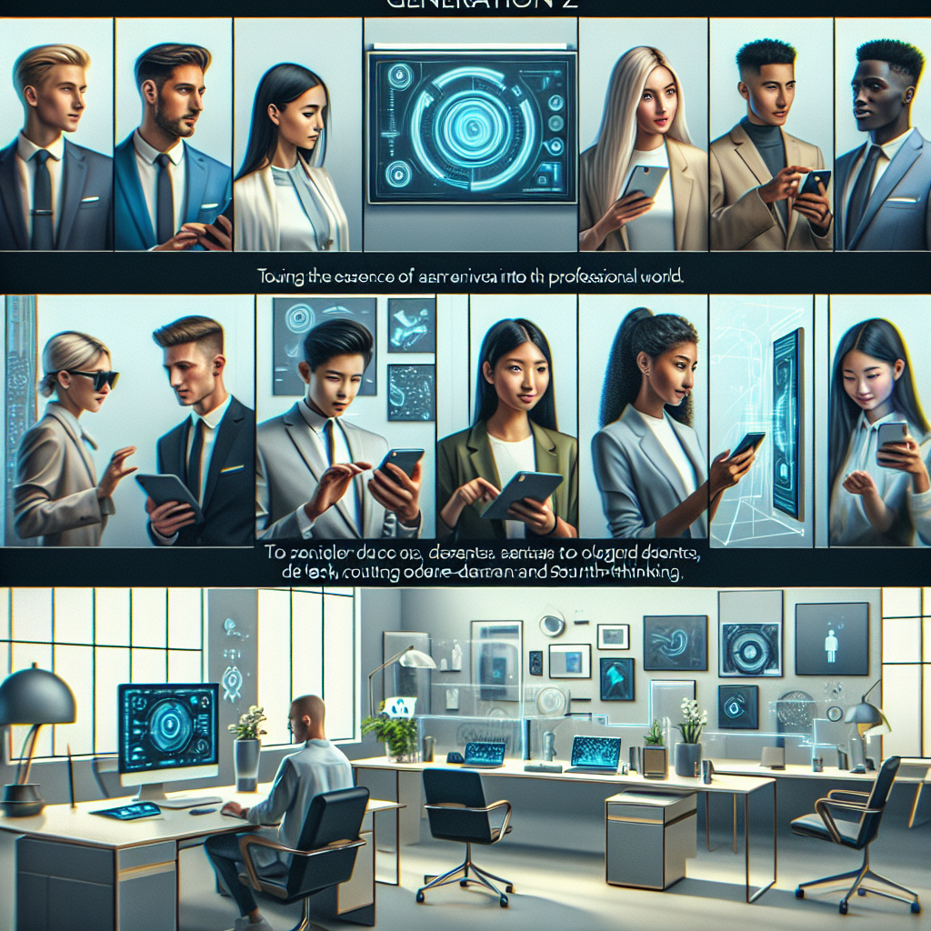 Generate an image capturing the essence of Generation Z entering the workforce. Show young professionals using cutting-edge technology in a futuristic office environment. Incorporate sleek, minimalist design elements and cool tones to reflect innovation and modernity.