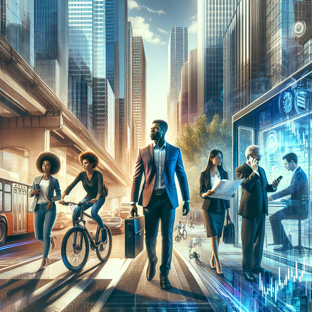 Generate an image illustrating the effects of urbanization on talent attraction. Depict a bustling cityscape with skyscrapers, diverse professionals, and symbols of connectivity like public transport and technology. Use dynamic angles and vibrant hues to convey energy and opportunity.