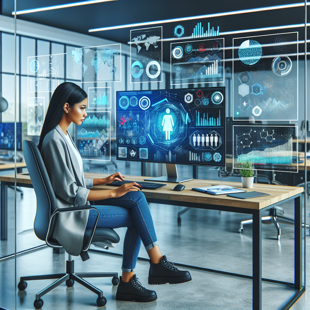 Generate an image of a business analyst sitting at a futuristic computer with multiple floating data charts and graphs representing employee demand forecasts. The setting should be a modern, high-tech office environment with glass walls.