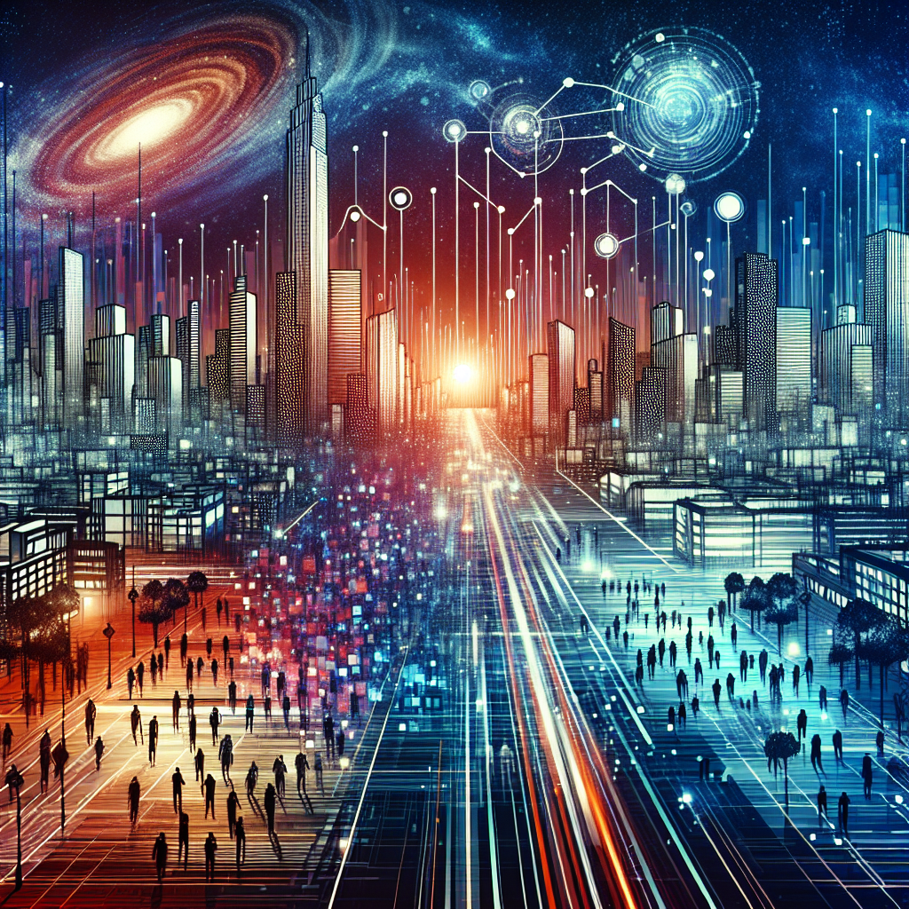 Generate an image of a dynamic cityscape where figures of workers appear and disappear like data streams, symbolizing the ebb and flow of temporary workforce demands. Include visual elements like market trend lines in the sky.