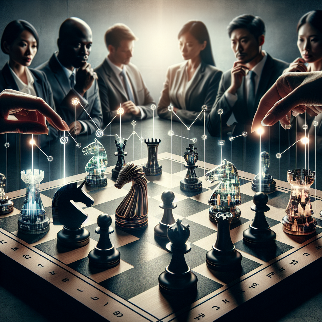 Generate an image of a chessboard on which business leaders are strategizing with chess pieces that represent different aspects of workforce planning, such as technology, market trends, and internal development. Each piece should have a unique design reflecting its role.