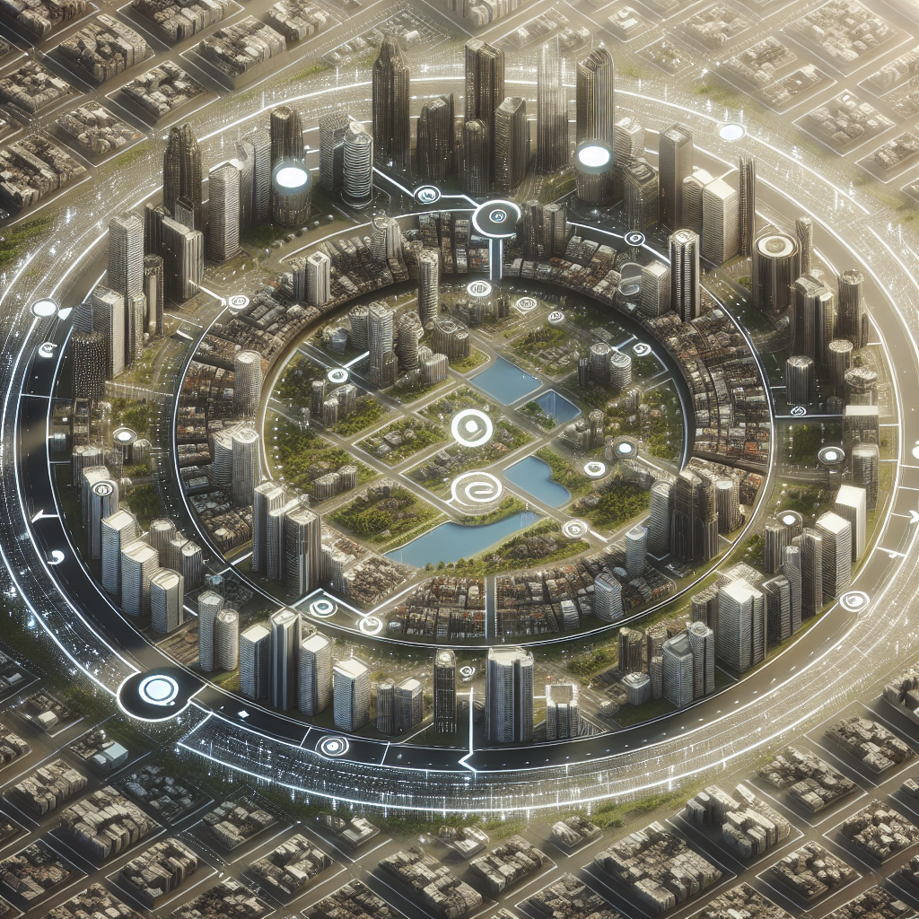 Generate an image of a circular flowchart integrated into an urban scene, showcasing how data analysis and technology come together to predict and manage workforce needs. The flowchart elements should blend seamlessly with buildings and streets.