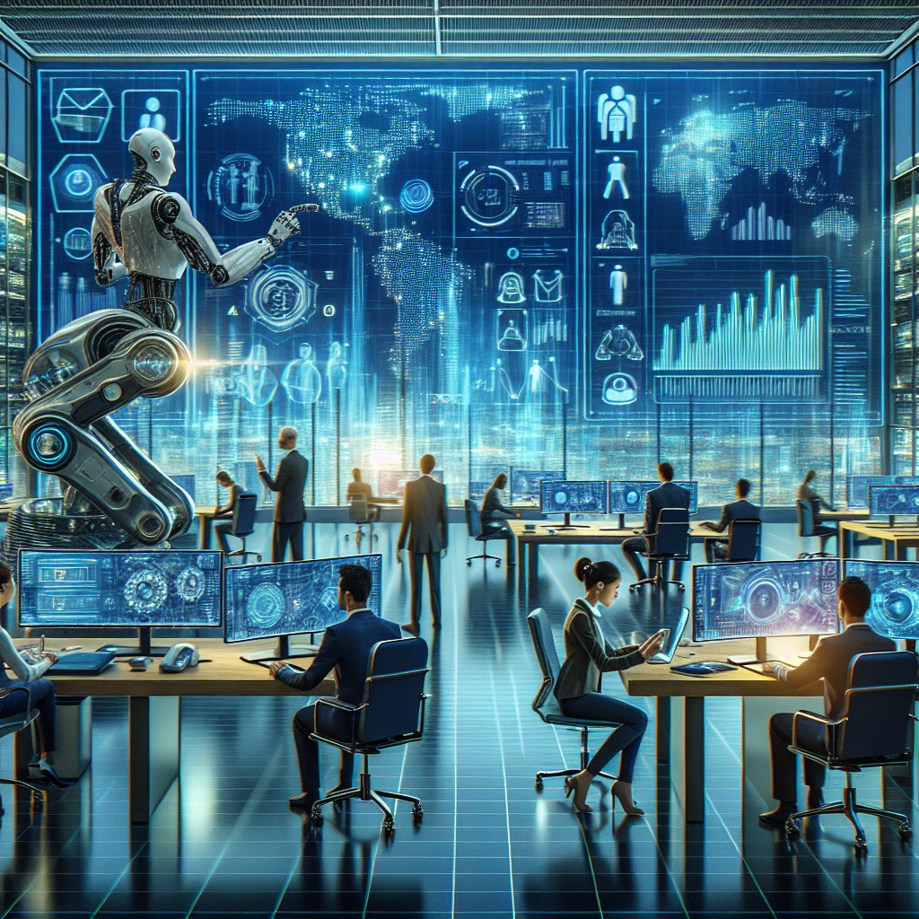 Generate an image of a futuristic office space representing the evolution of employment agencies. The scene is bustling with diverse technology-driven workflows and AI-based tools, with a giant digital screen displaying market trends and analytics in the background. The workforce is diverse, adaptive, and tech-savvy, reflecting seamless integration with cutting-edge technologies.