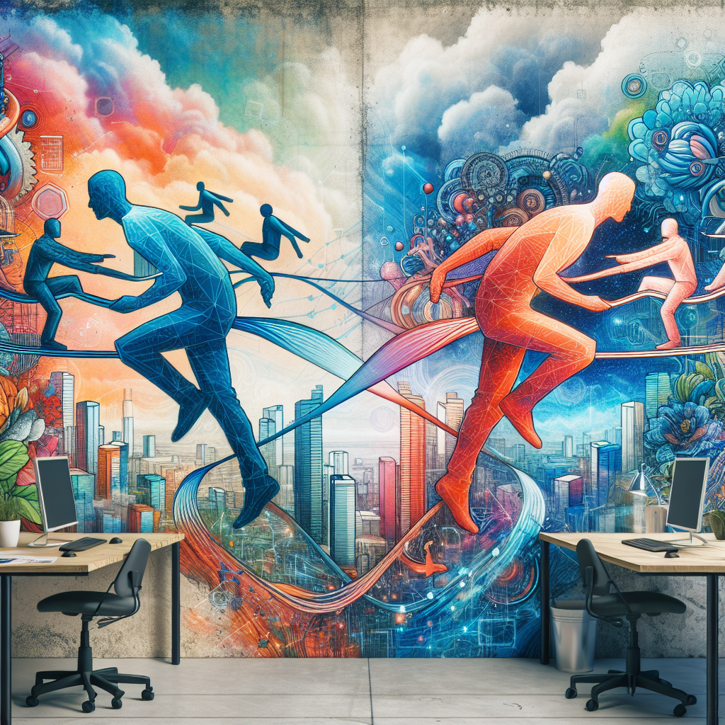 Generate an image of a conceptual art piece illustrating flexibility in the labor market. Visualize a dynamic balancing act between traditional and remote work environments. Use vibrant colors to show fluid transitions, interconnected by digital pathways and flexible workspaces, embodying the future of work adaptability.