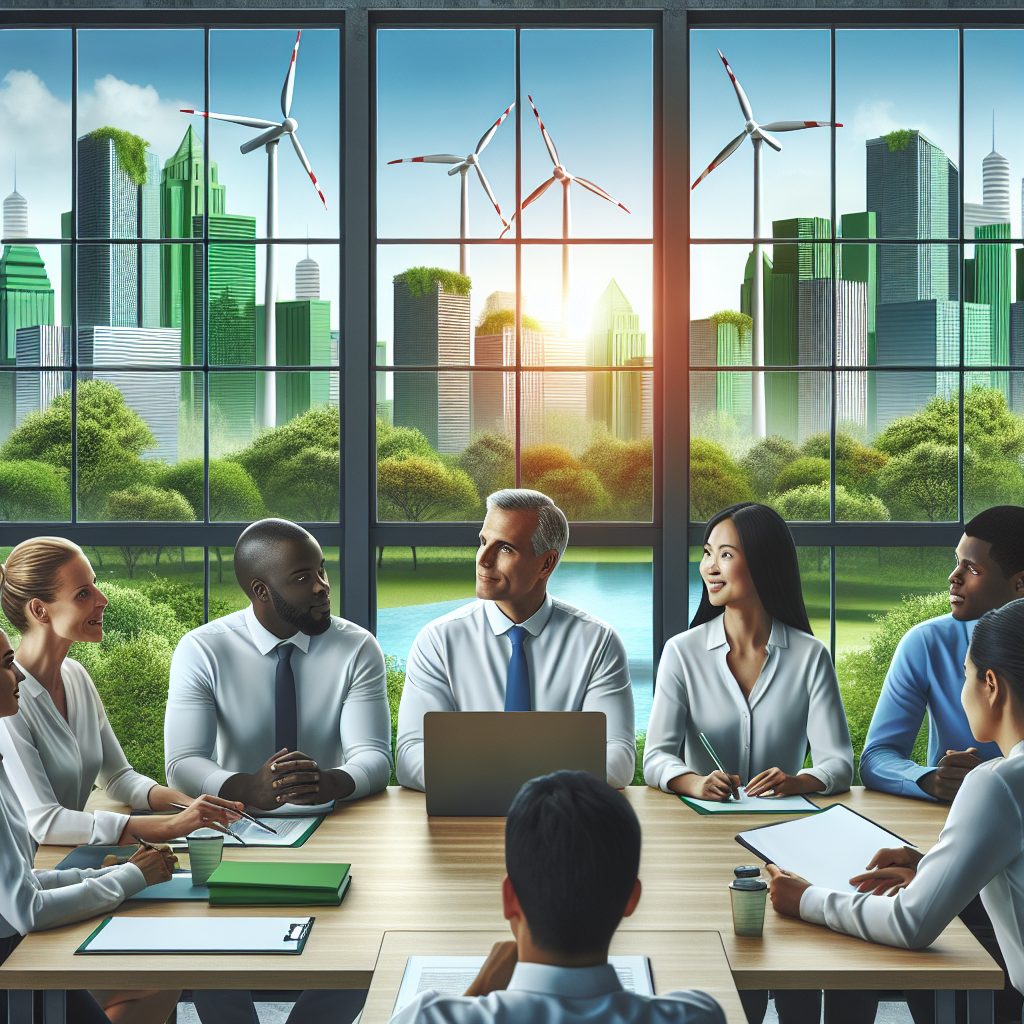 Generate an image focusing on the theme of education and sustainability in employment agencies. Depict an educational workshop setting, with employees engaging in a training session about sustainable practices. Large windows reveal a green, thriving cityscape outside, symbolizing growth and sustainable progress.