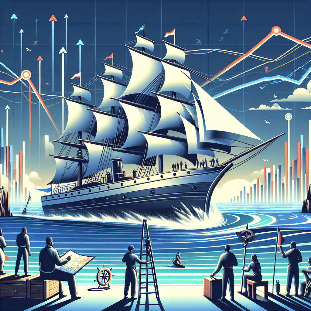 Generate an image portraying a competitive employment agency navigating through dynamic market trends. Show an agency as a sleek, agile ship sailing through an ocean marked with trend markers and data points, with the crew working diligently to steer towards opportunities and avoid risks in a graphically stylized sea.