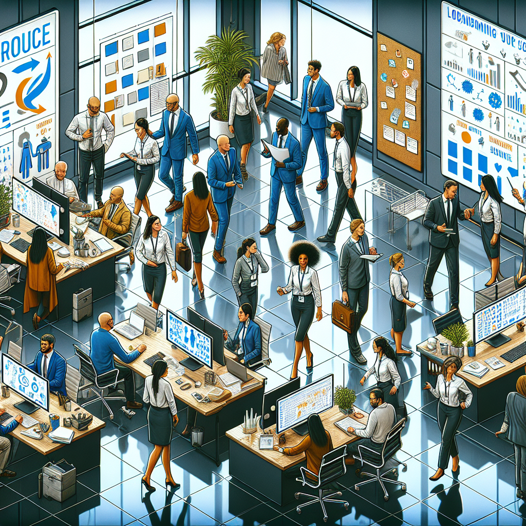 Generate an image of a healthcare recruitment agency office bustling with activity. Different staff members are engaged in various tasks to address challenges like staff shortages and burnout. Show a diverse group of professionals collaborating, brainstorming under stress, yet with a hopeful aura, emphasizing teamwork in a modern office layout with digital screens and planning boards on the walls.