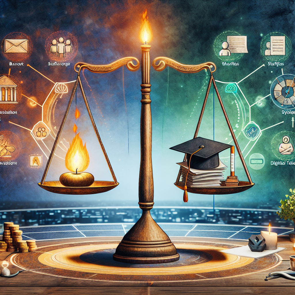 Generate an image depicting a metaphorical scene of balancing scales. On one side are symbols of the challenges, like burnout, staff shortages, and regulatory documents; on the other side are strategies such as training programs, wellness initiatives, and digital tools. The background shows a healthcare setting integrating traditional and modern elements.
